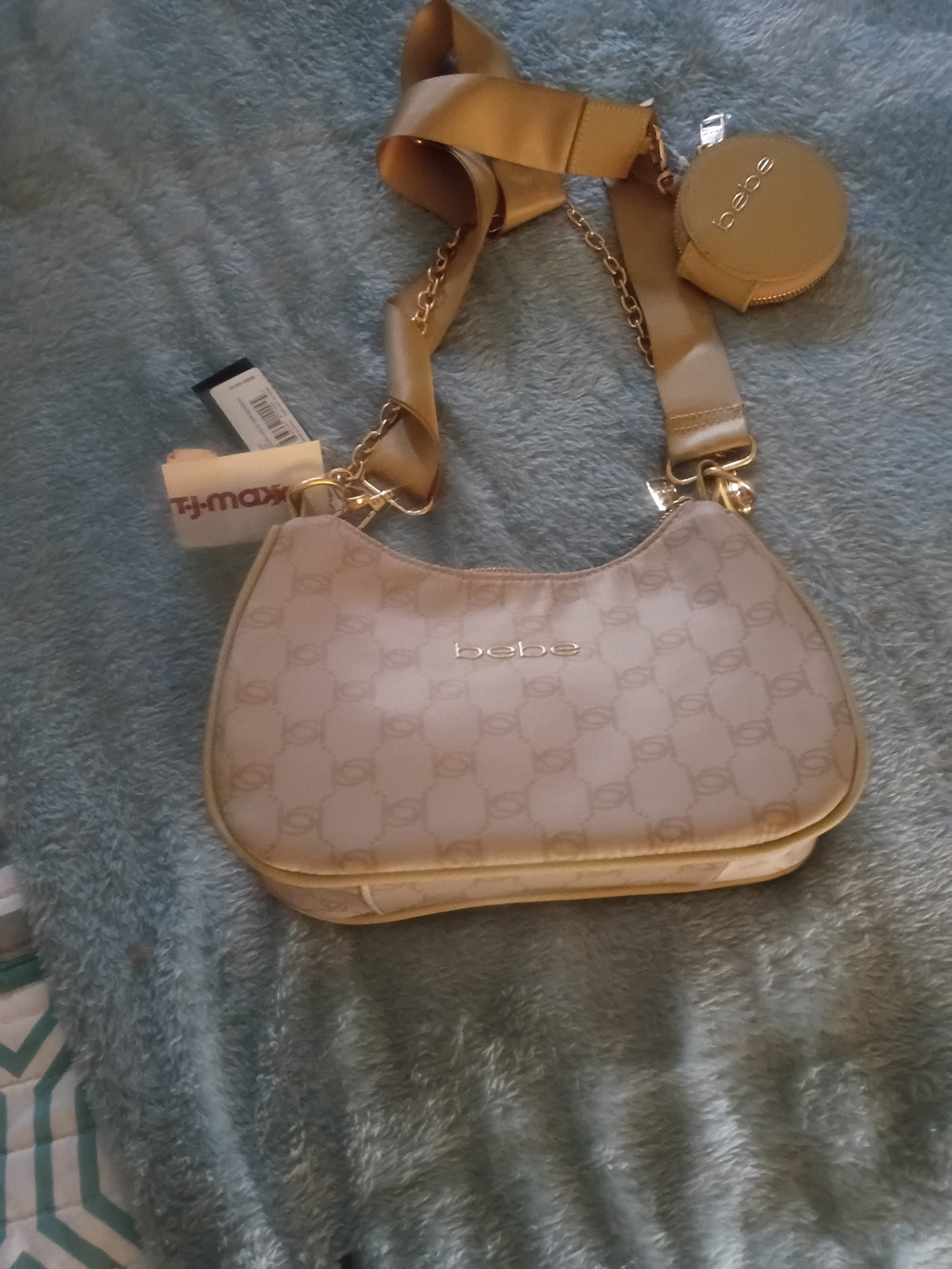 bebe Cream Logo Crossbody with Gold Chain Strap and Coin Pouch